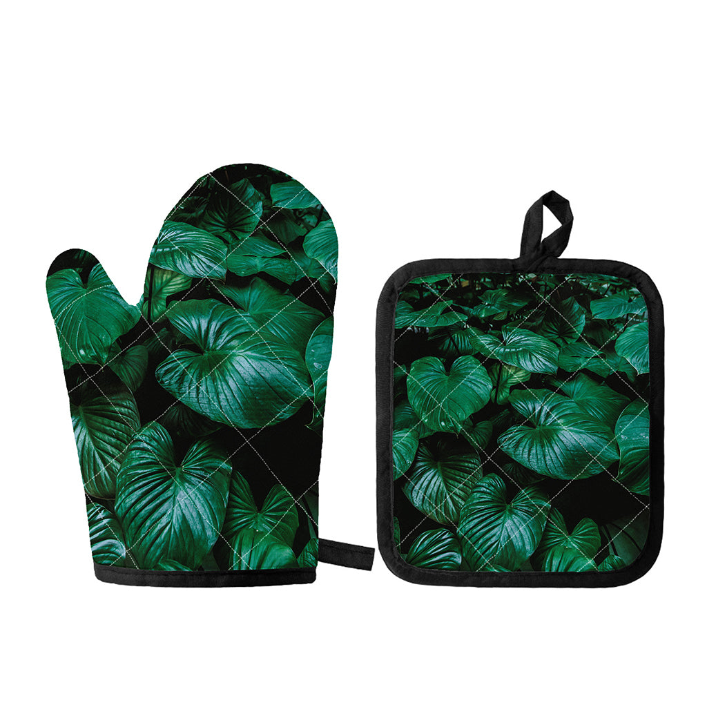 Natural Tropical Leaf Print Oven Mitt And Pot Holder Set