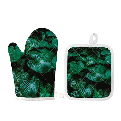 Natural Tropical Leaf Print Oven Mitt And Pot Holder Set