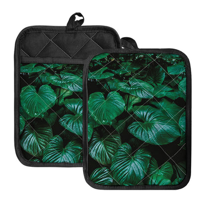 Natural Tropical Leaf Print Pot Holders With Pocket