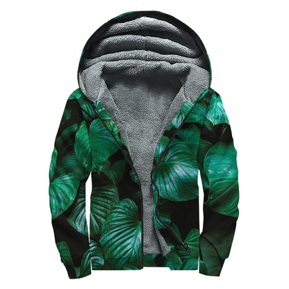 Natural Tropical Leaf Print Sherpa Lined Zip Up Hoodie