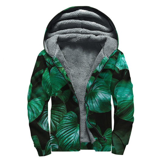 Natural Tropical Leaf Print Sherpa Lined Zip Up Hoodie