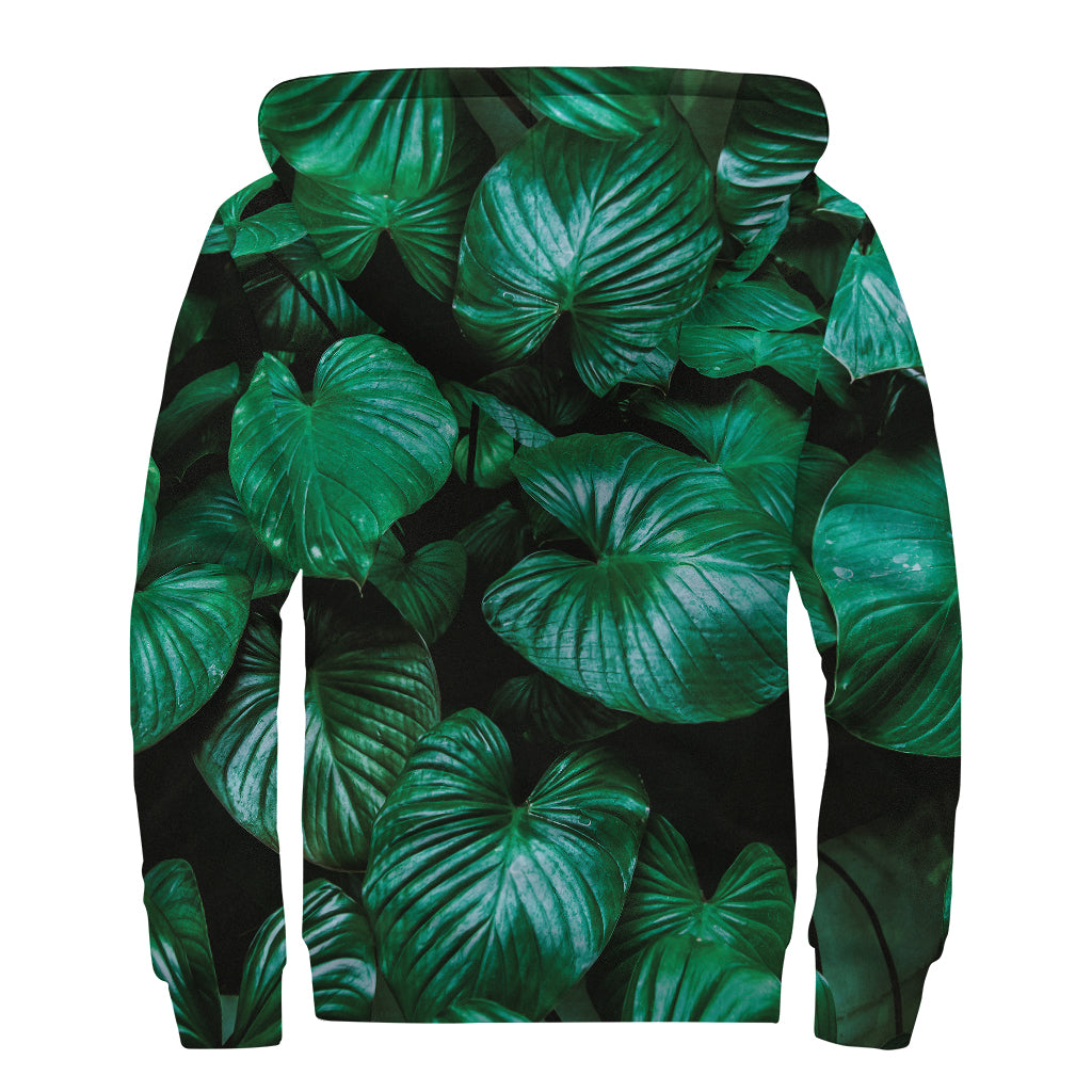 Natural Tropical Leaf Print Sherpa Lined Zip Up Hoodie