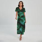 Natural Tropical Leaf Print Short Sleeve Maxi Dress