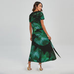 Natural Tropical Leaf Print Short Sleeve Maxi Dress