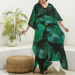 Natural Tropical Leaf Print Silk V-Neck Kaftan Dress