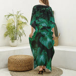 Natural Tropical Leaf Print Silk V-Neck Kaftan Dress