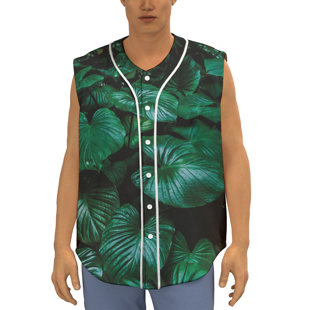 Natural Tropical Leaf Print Sleeveless Baseball Jersey