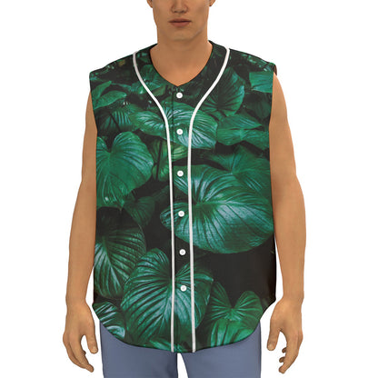 Natural Tropical Leaf Print Sleeveless Baseball Jersey