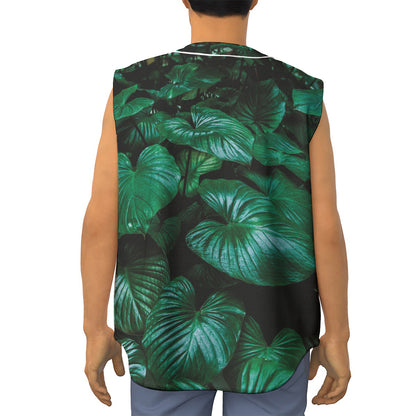 Natural Tropical Leaf Print Sleeveless Baseball Jersey