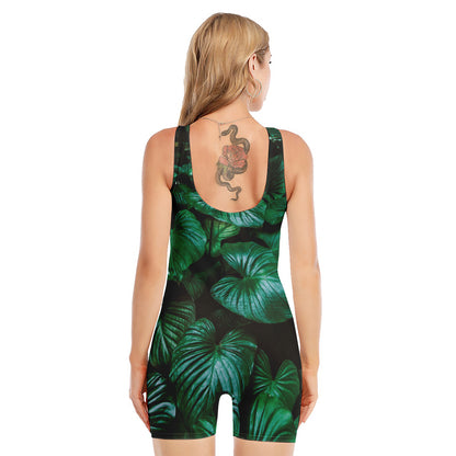 Natural Tropical Leaf Print Sleeveless One Piece Swimsuit