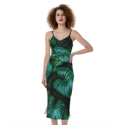 Natural Tropical Leaf Print Slim Fit Midi Cami Dress