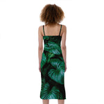 Natural Tropical Leaf Print Slim Fit Midi Cami Dress