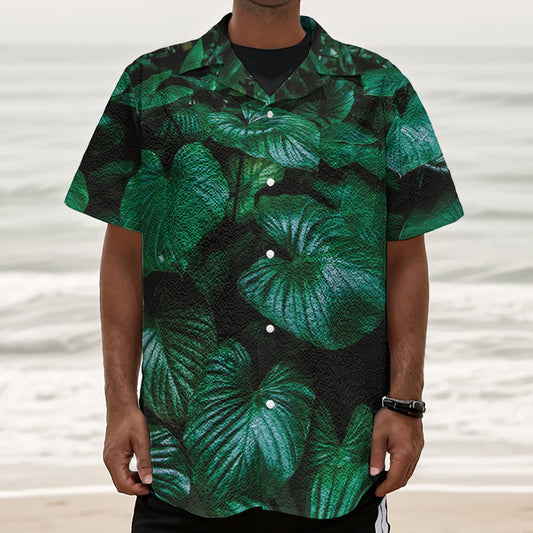 Natural Tropical Leaf Print Textured Short Sleeve Shirt
