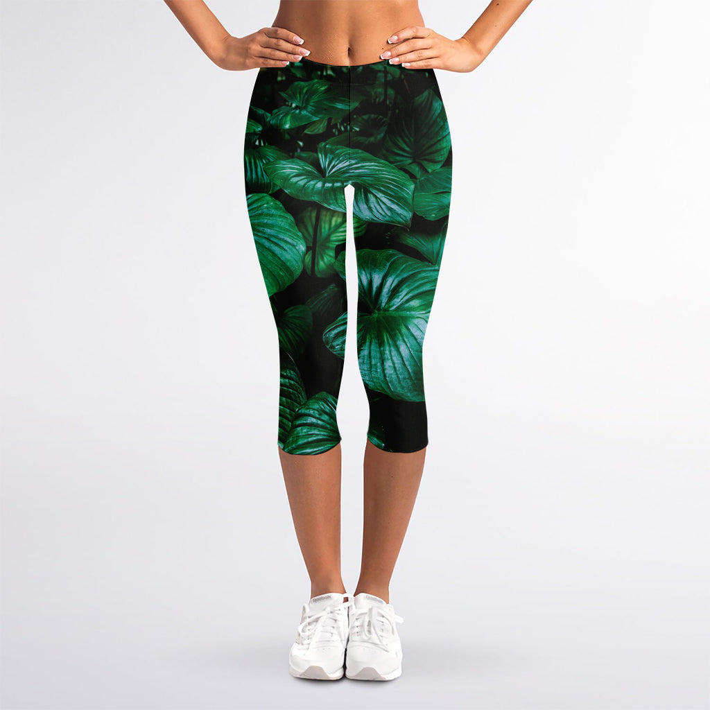 Natural Tropical Leaf Print Women's Capri Leggings
