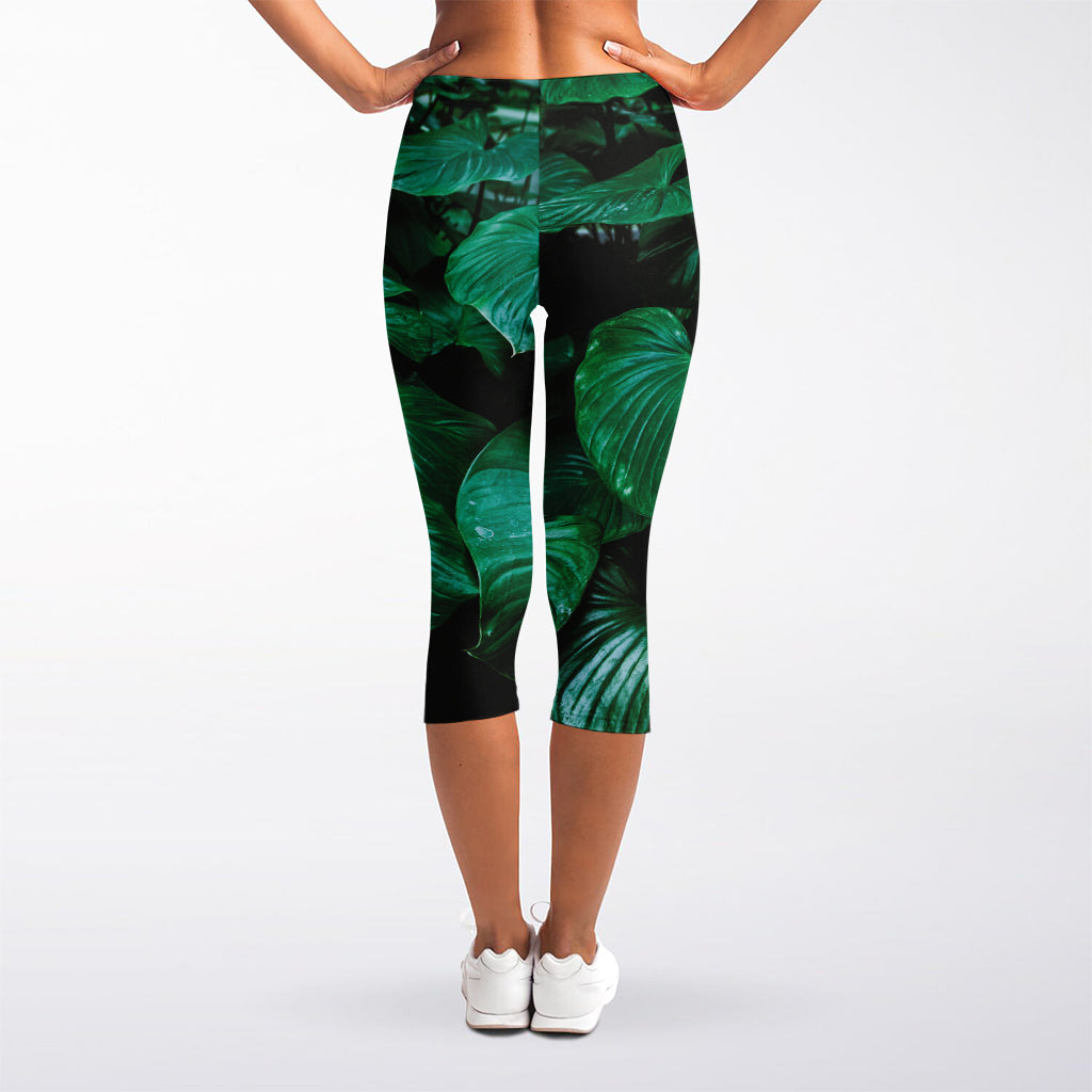 Natural Tropical Leaf Print Women's Capri Leggings