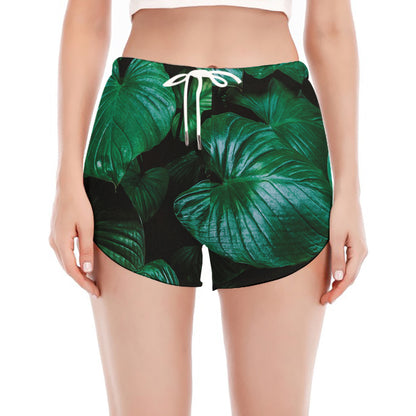 Natural Tropical Leaf Print Women's Split Running Shorts