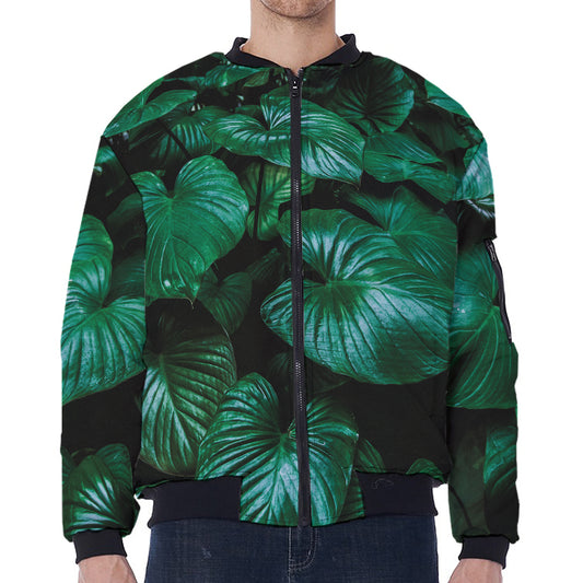 Natural Tropical Leaf Print Zip Sleeve Bomber Jacket