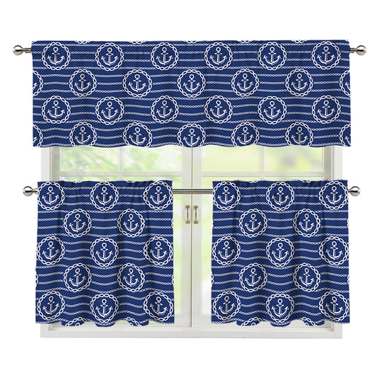 Nautical Anchor Pattern Print 3 Piece Kitchen Curtains