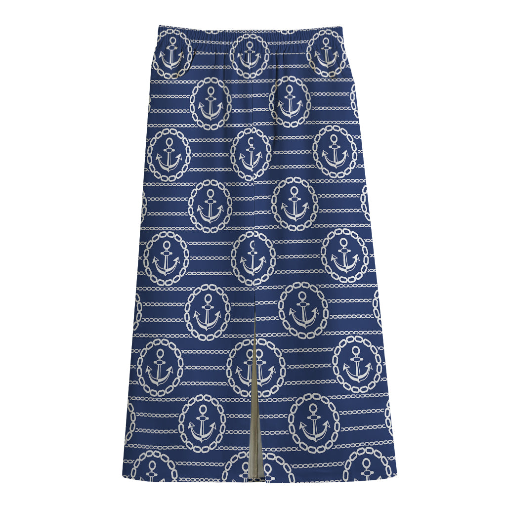 Nautical Anchor Pattern Print Cotton Front Slit Maxi Skirt