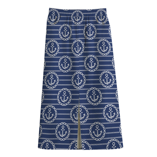 Nautical Anchor Pattern Print Cotton Front Slit Maxi Skirt
