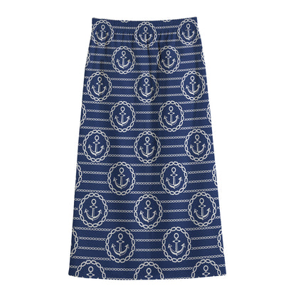 Nautical Anchor Pattern Print Cotton Front Slit Maxi Skirt