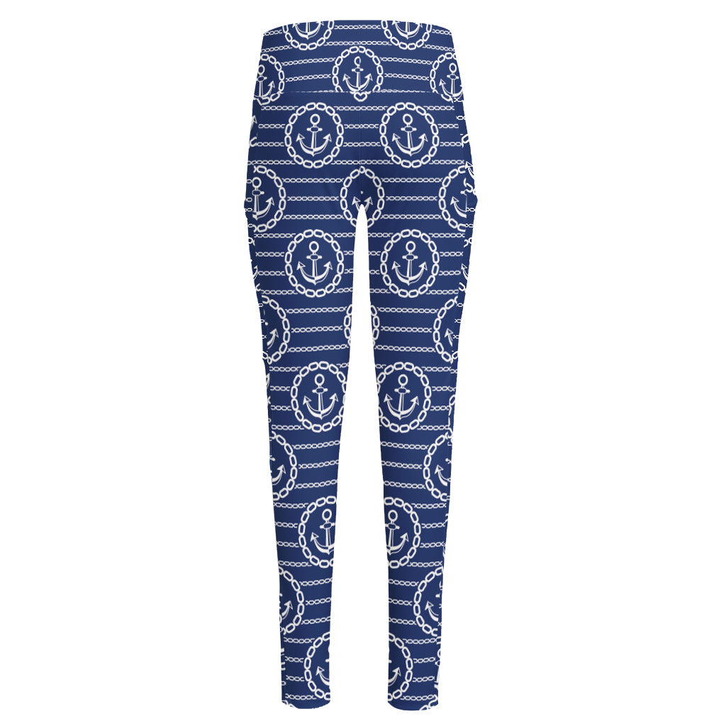 Nautical Anchor Pattern Print High-Waisted Pocket Leggings
