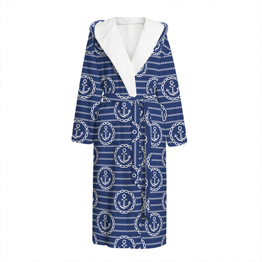 Nautical Anchor Pattern Print Hooded Bathrobe