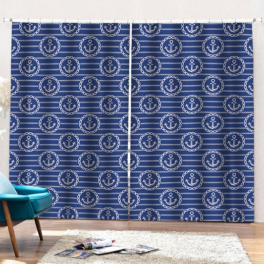 Nautical Anchor Pattern Print Pencil Pleat Curtains
