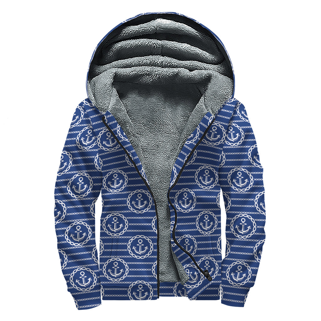 Nautical Anchor Pattern Print Sherpa Lined Zip Up Hoodie