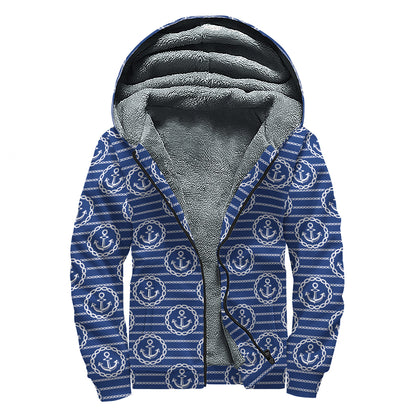 Nautical Anchor Pattern Print Sherpa Lined Zip Up Hoodie