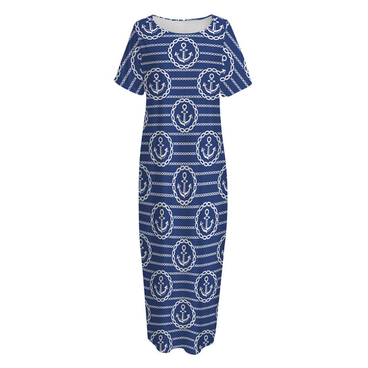 Nautical Anchor Pattern Print Short Sleeve Long Nightdress