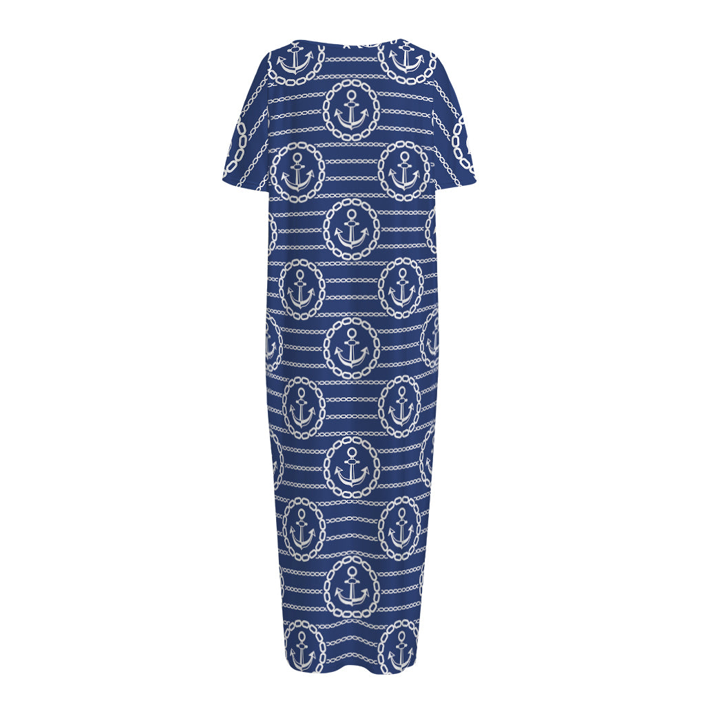 Nautical Anchor Pattern Print Short Sleeve Long Nightdress