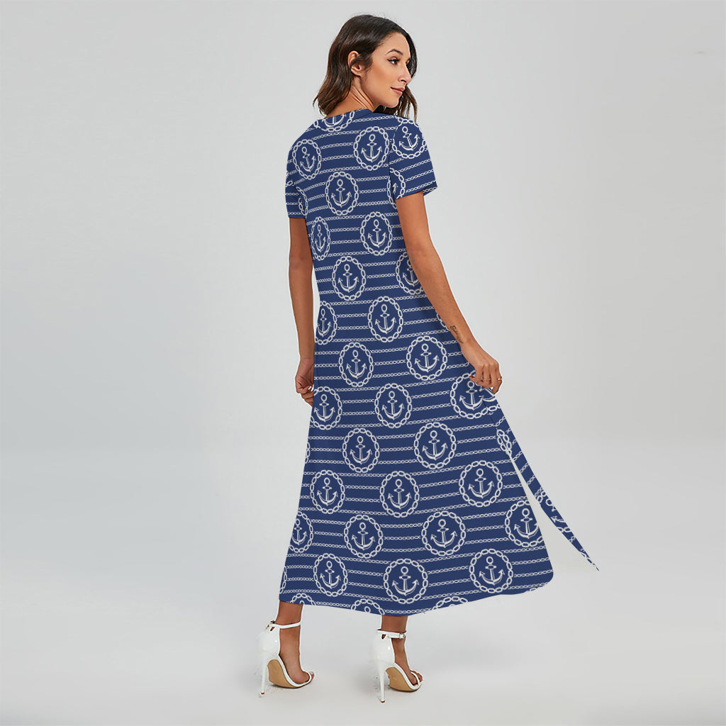 Nautical Anchor Pattern Print Short Sleeve Maxi Dress