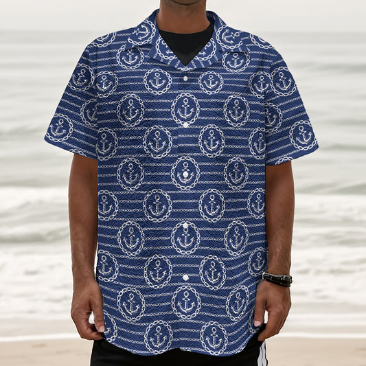 Nautical Anchor Pattern Print Textured Short Sleeve Shirt