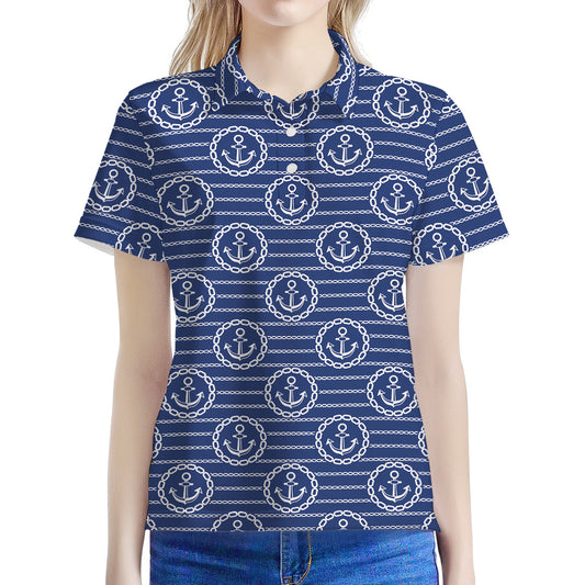 Nautical Anchor Pattern Print Women's Polo Shirt