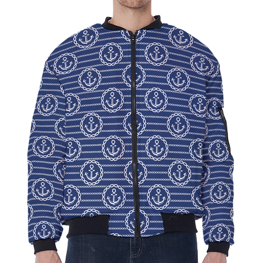 Nautical Anchor Pattern Print Zip Sleeve Bomber Jacket