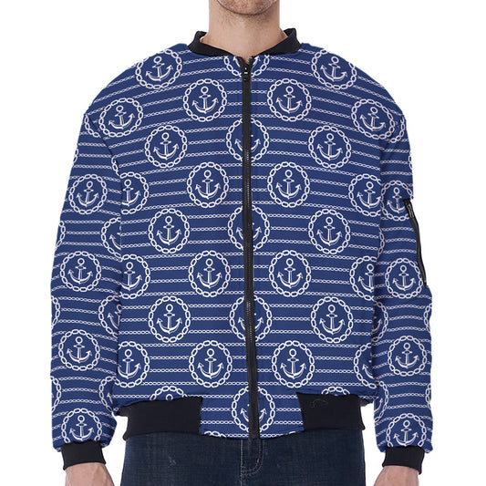 Nautical Anchor Pattern Print Zip Sleeve Bomber Jacket