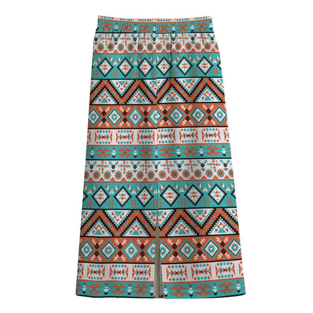 Navajo Geometric Pattern Print Cotton Front Slit Maxi Skirt