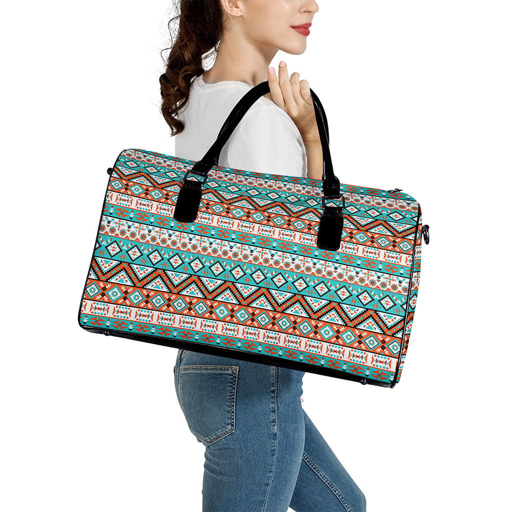 Navajo Geometric Pattern Print Leather Duffle Bag