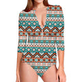 Navajo Geometric Pattern Print Long Sleeve Swimsuit