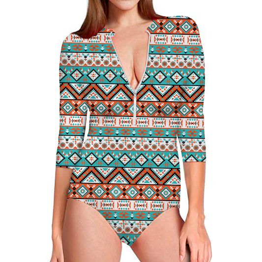 Navajo Geometric Pattern Print Long Sleeve Swimsuit