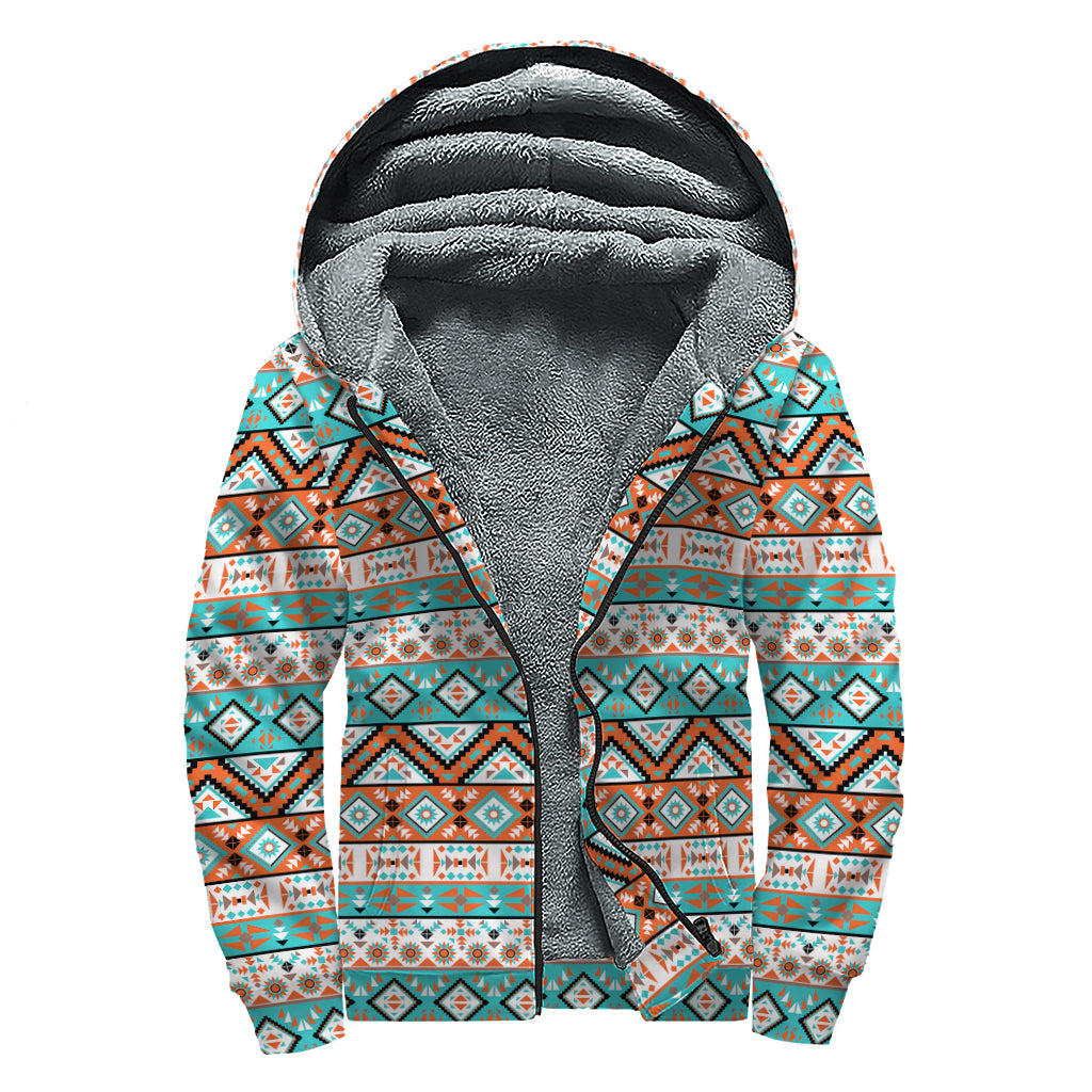 Navajo Geometric Pattern Print Sherpa Lined Zip Up Hoodie