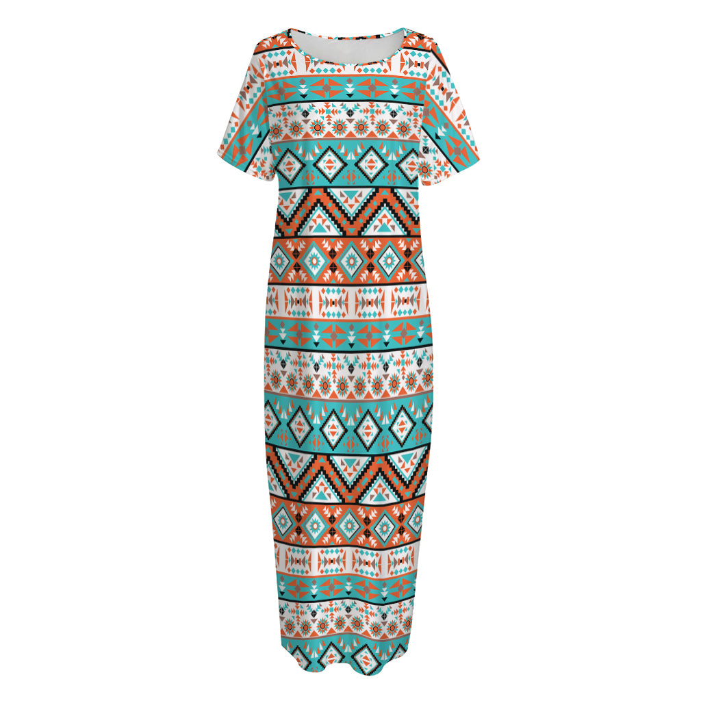 Navajo Geometric Pattern Print Short Sleeve Long Nightdress