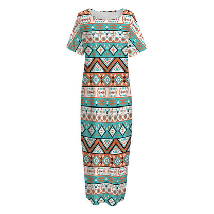 Navajo Geometric Pattern Print Short Sleeve Long Nightdress