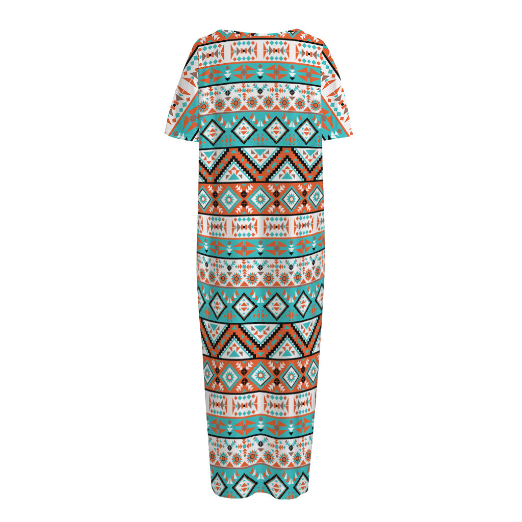 Navajo Geometric Pattern Print Short Sleeve Long Nightdress