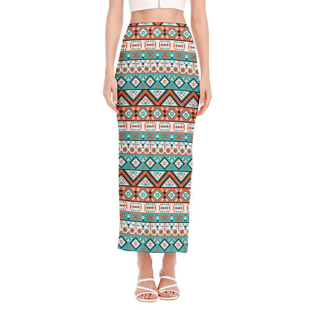 Navajo Geometric Pattern Print Side Slit Maxi Skirt