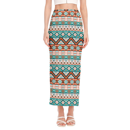 Navajo Geometric Pattern Print Side Slit Maxi Skirt