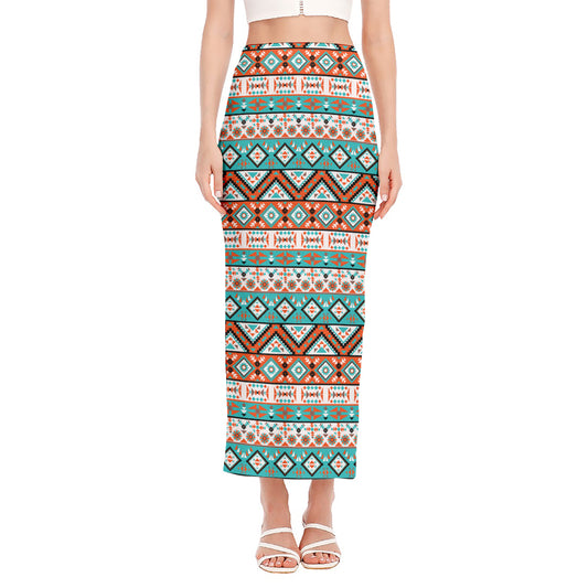Navajo Geometric Pattern Print Side Slit Maxi Skirt