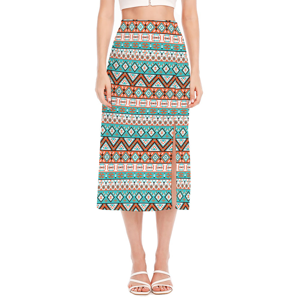 Navajo Geometric Pattern Print Side Slit Midi Skirt