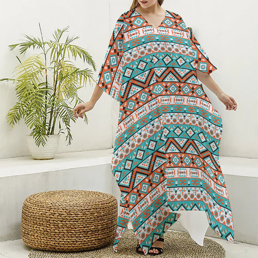 Navajo Geometric Pattern Print Silk V-Neck Kaftan Dress
